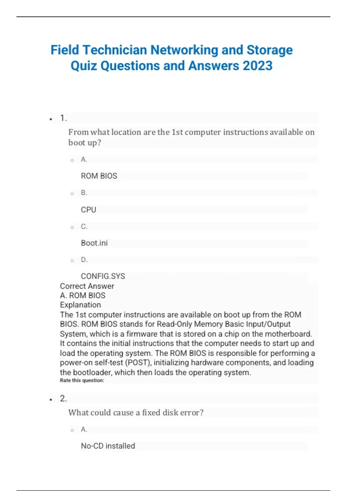 Field Technician Networking and Storage Quiz Questions and Answers 2023
