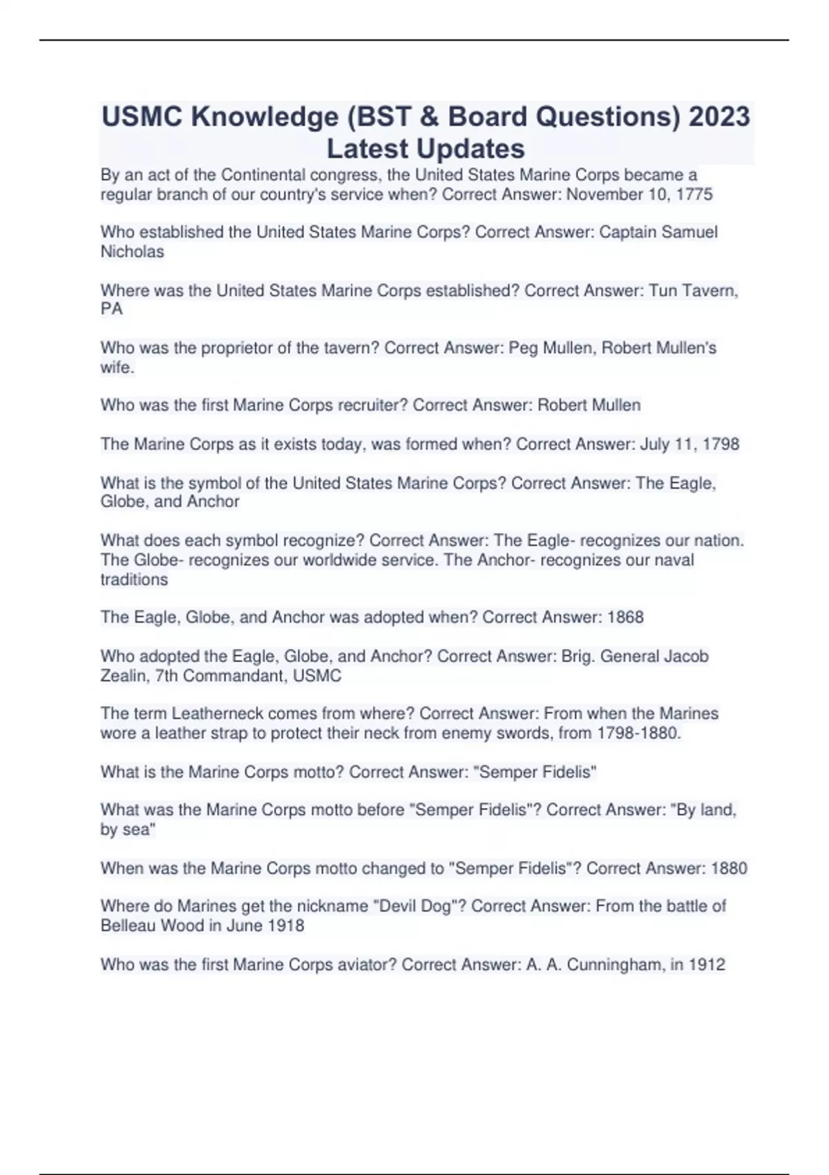 USMC Knowledge (BST & Board Questions) 2023 Latest Updates USMC