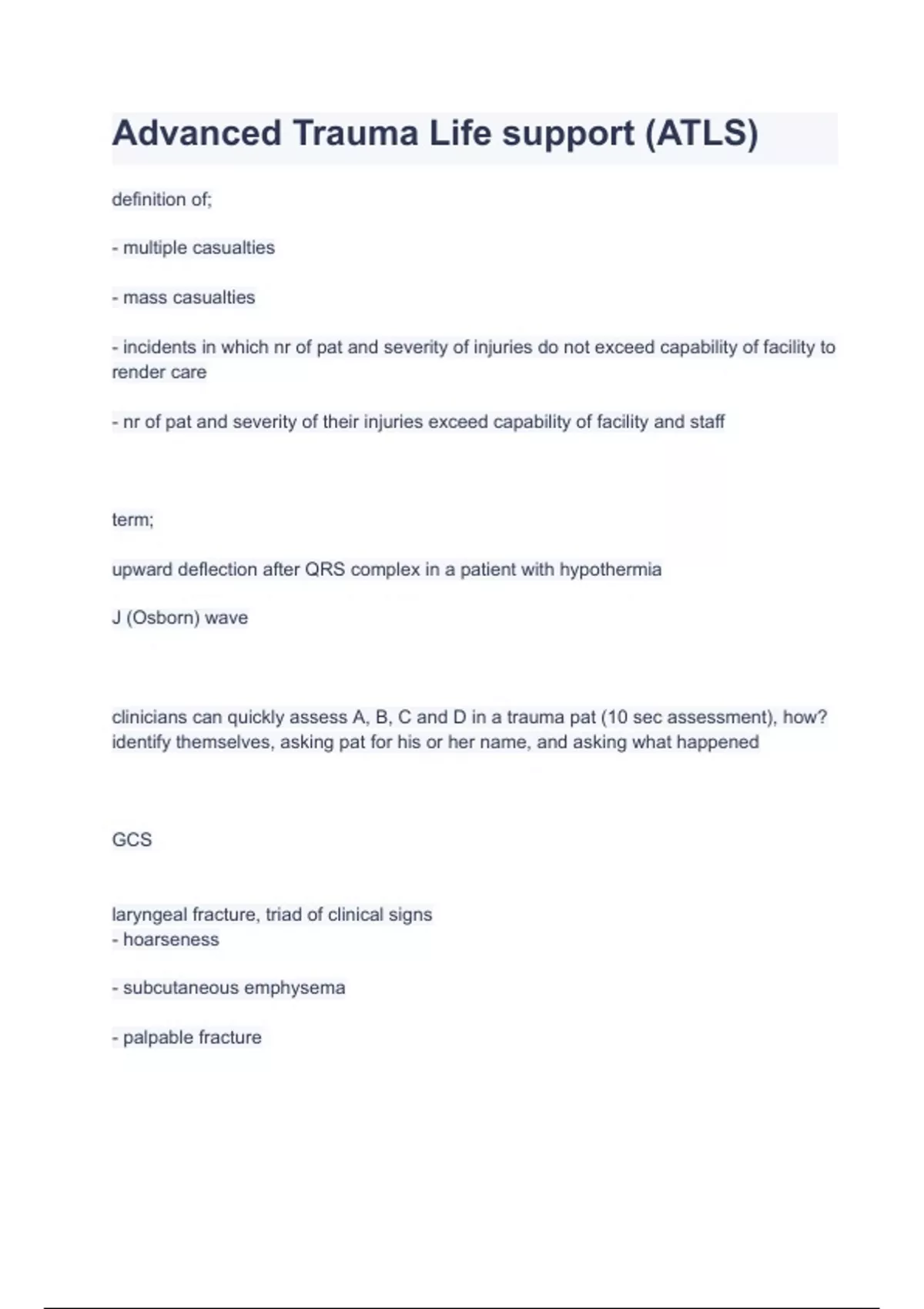 Advanced Trauma Life support (ATLS) POST TEST Questions and Answers