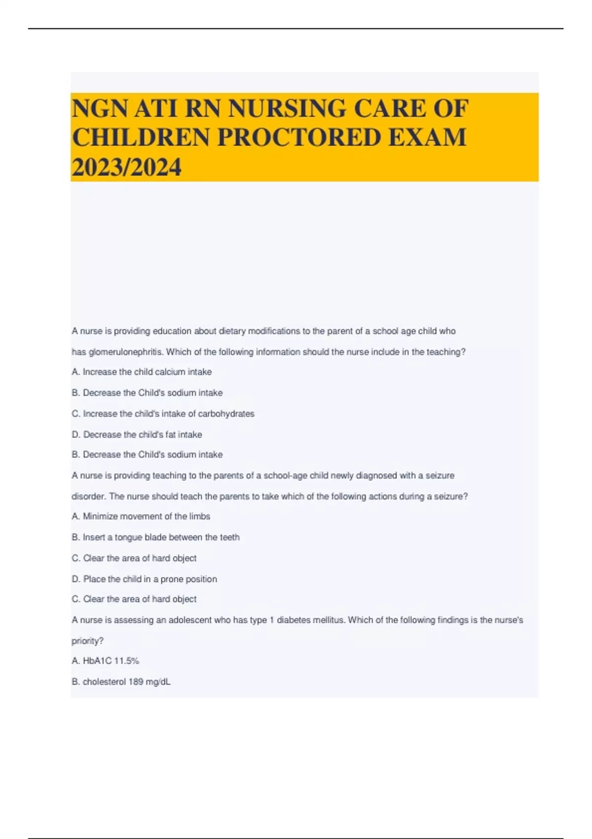 NGN ATI RN NURSING CARE OF CHILDREN PROCTORED EXAM 2023/2024 - NGN ATI ...
