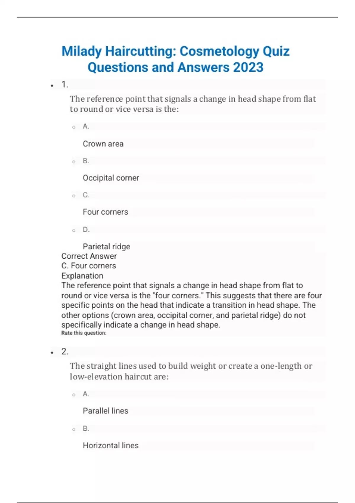 Milady Haircutting Cosmetology Quiz Questions and Answers 2023