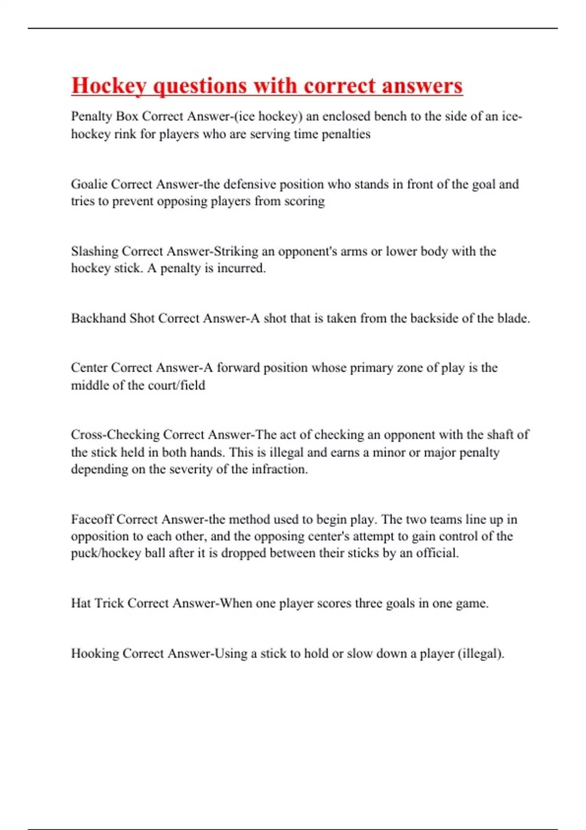 Hockey questions with correct answers Hockey Stuvia US