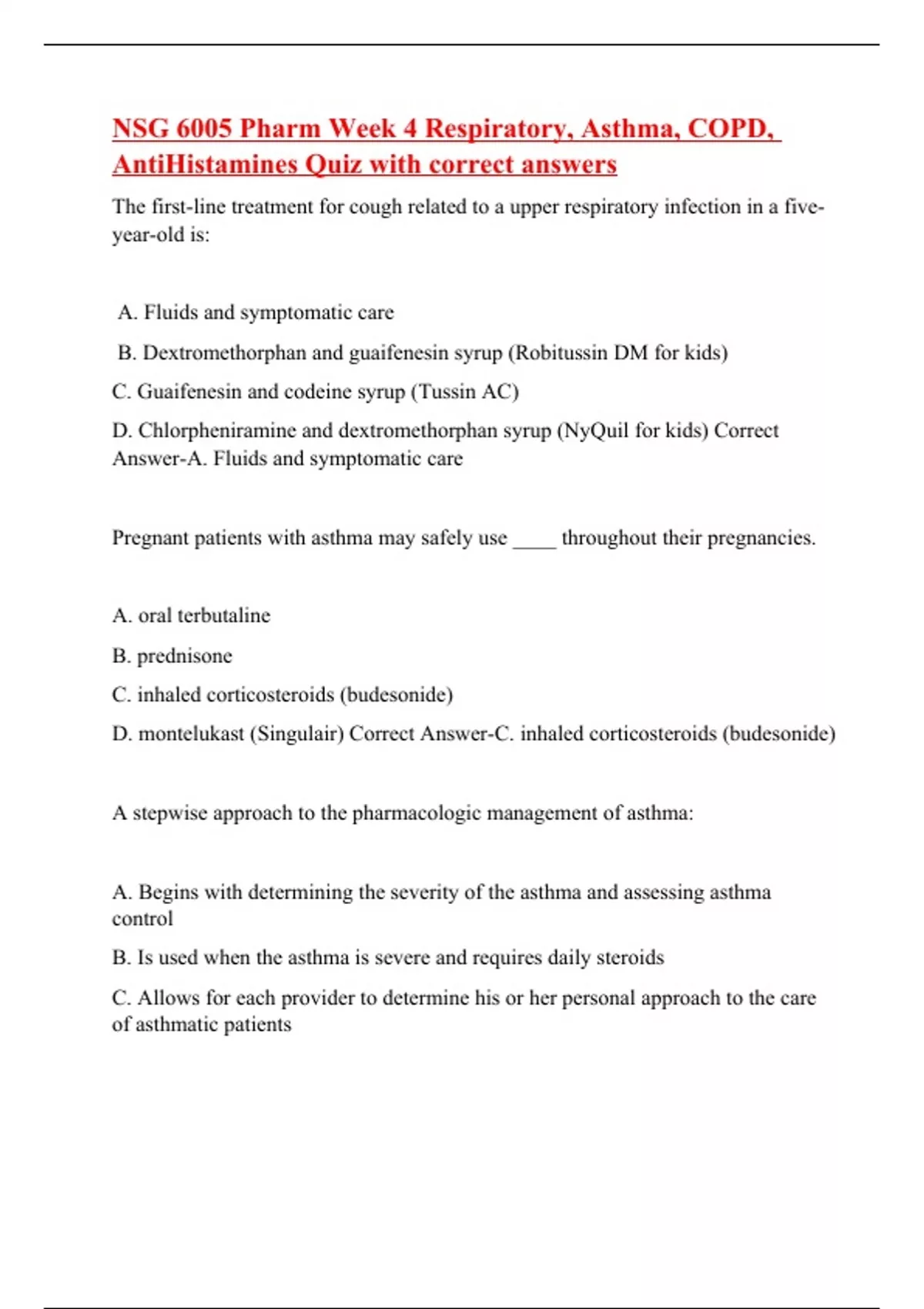 NSG 6005 Pharm Week 4 Respiratory, Asthma, COPD, AntiHistamines Quiz ...