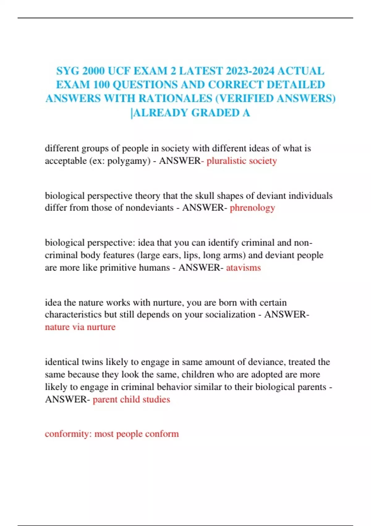 SYG 2000 UCF EXAM 1 LATEST ACTUAL EXAM 100 QUESTIONS AND CORRECT