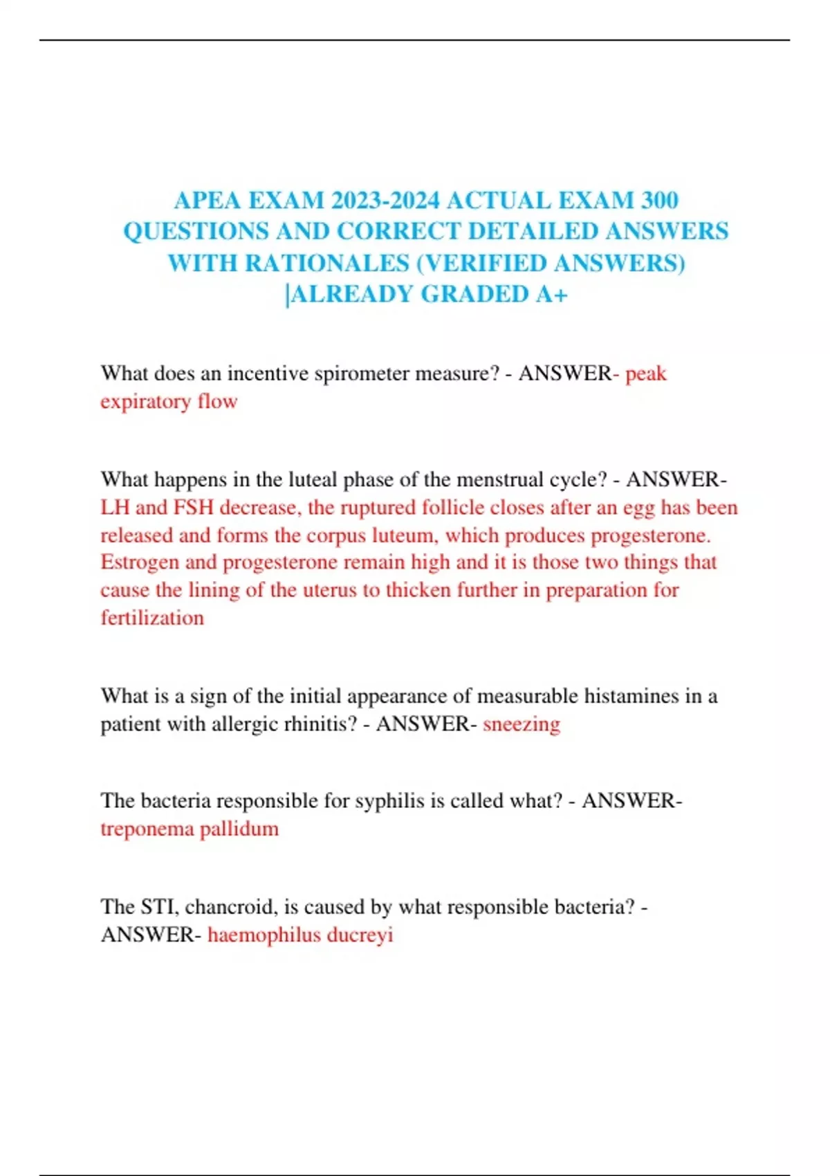 APEA EXAM ACTUAL EXAM 300 QUESTIONS AND CORRECT DETAILED ANSWERS WITH ...
