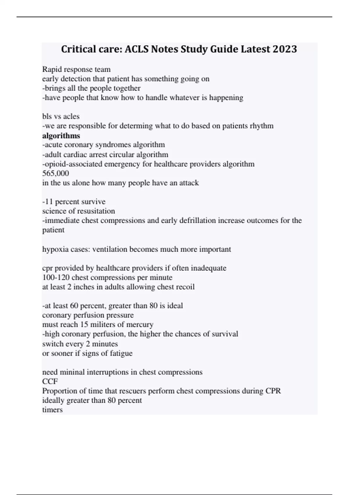 Critical care ACLS Notes Study Guide Latest 2023 - WGU C182 - Stuvia US