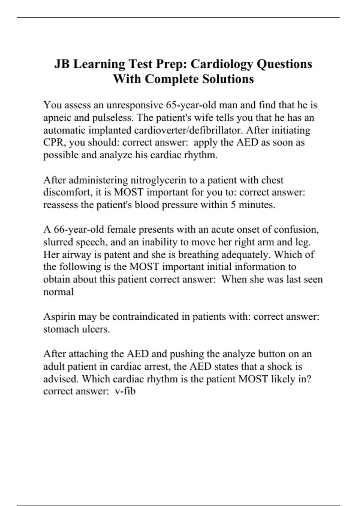 JB Learning Test Prep Cardiology Questions With Complete Solutions