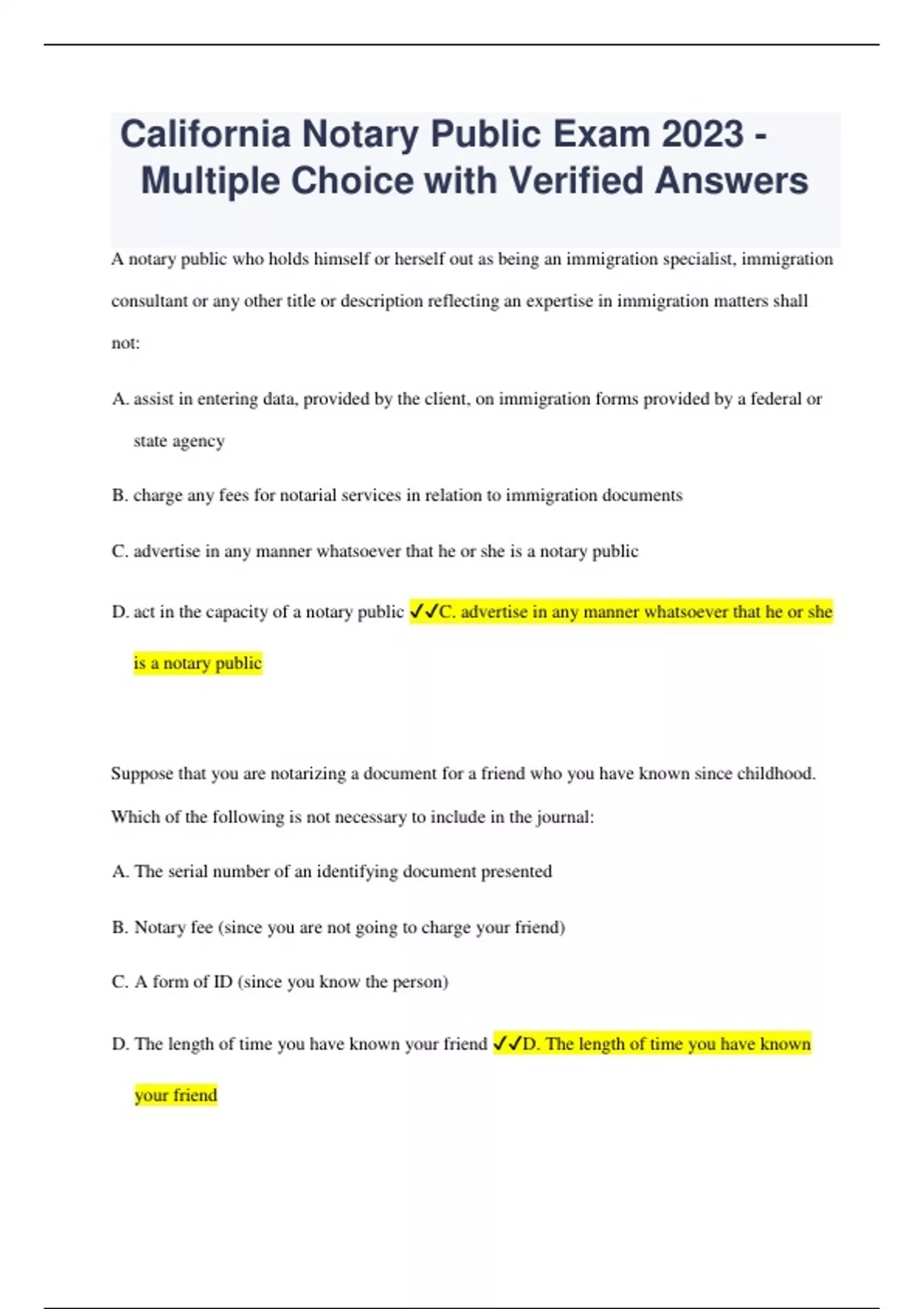 California Notary Public Exam 2023 Multiple Choice with Answers