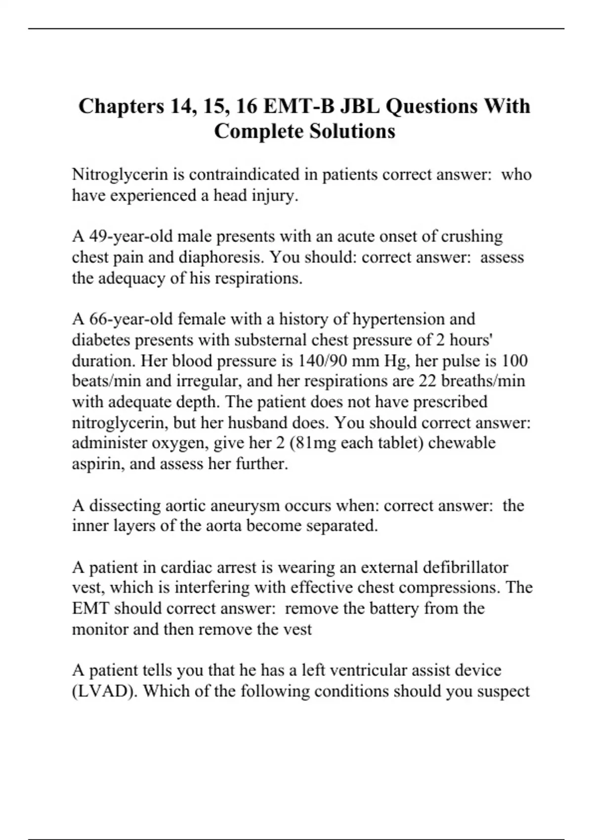 Chapters 14, 15, 16 EMTB JBL Questions With Complete Solutions EMT