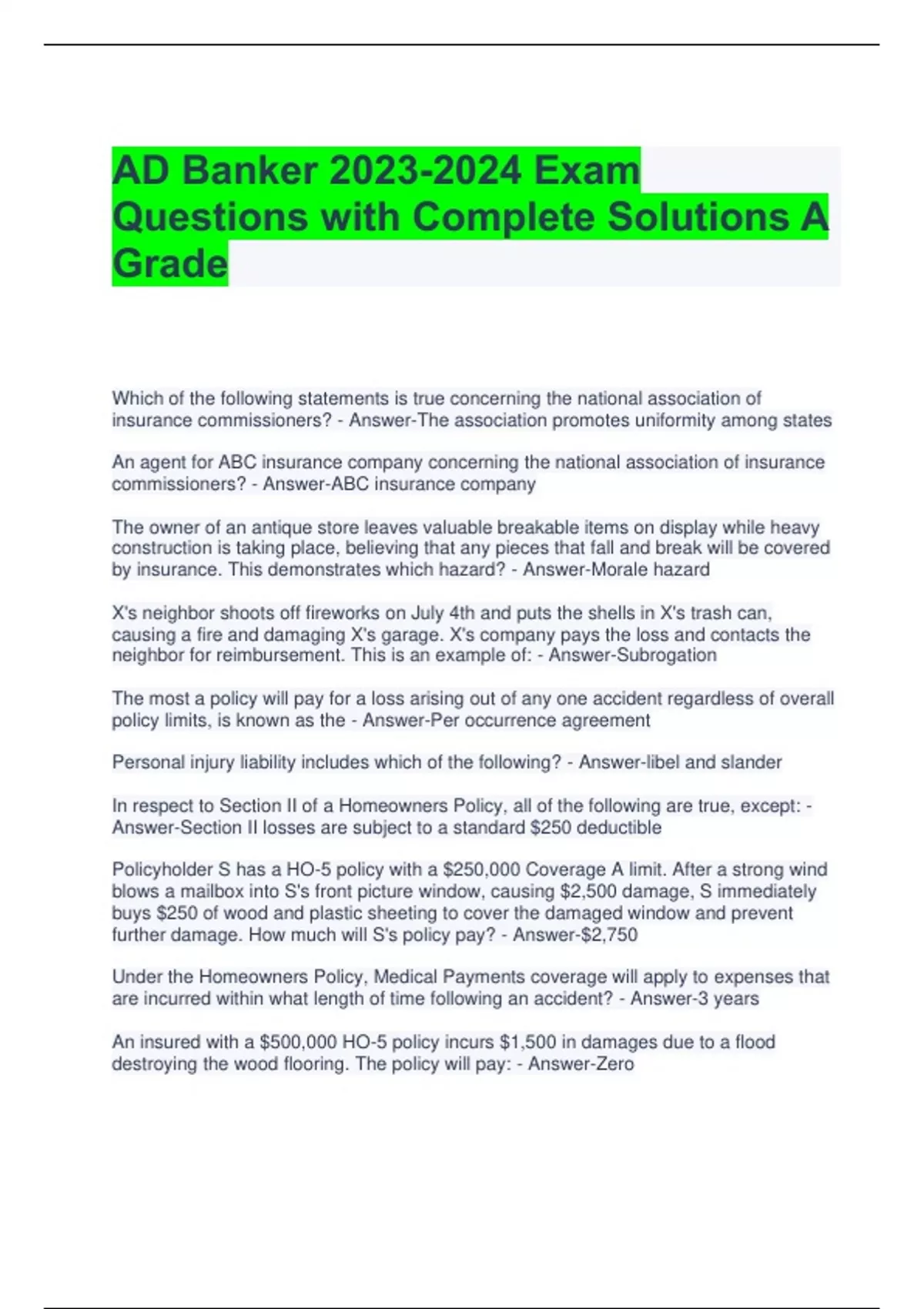 AD Banker Exam Questions with Complete Solutions A Grade AD Banker Stuvia US