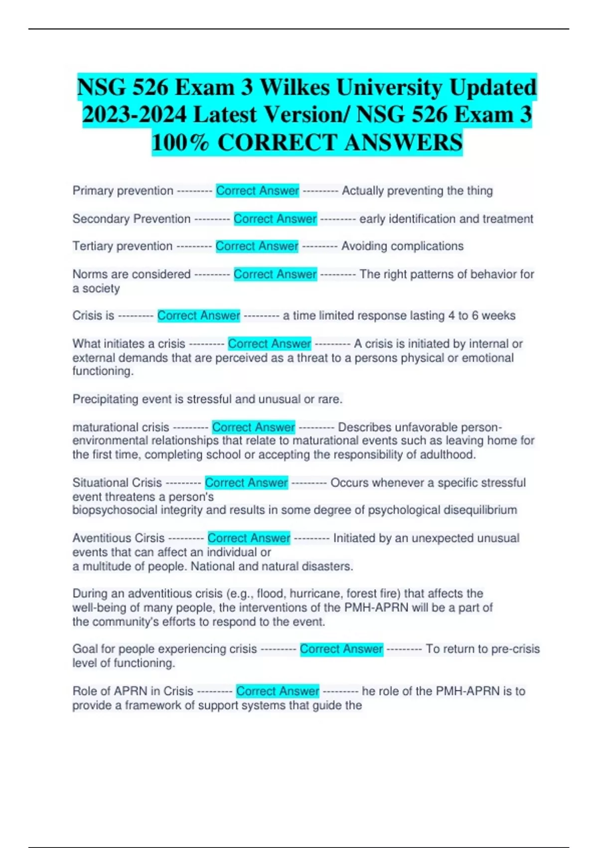 NSG 526 Exam 3 Wilkes University Updated Latest Version/ NSG 526 Exam 3 ...