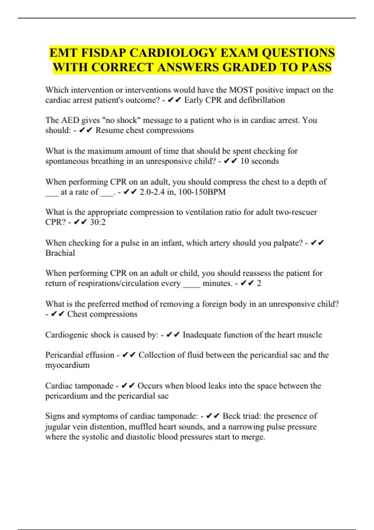 EMT FISDAP CARDIOLOGY EXAM QUESTIONS WITH CORRECT ANSWERS GRADED TO