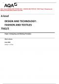 AQA  A-level DESIGN AND TECHNOLOGY:  FASHION AND TEXTILES  7562/2 Paper 2 Designing and  Making Principles Mark scheme June 2023 