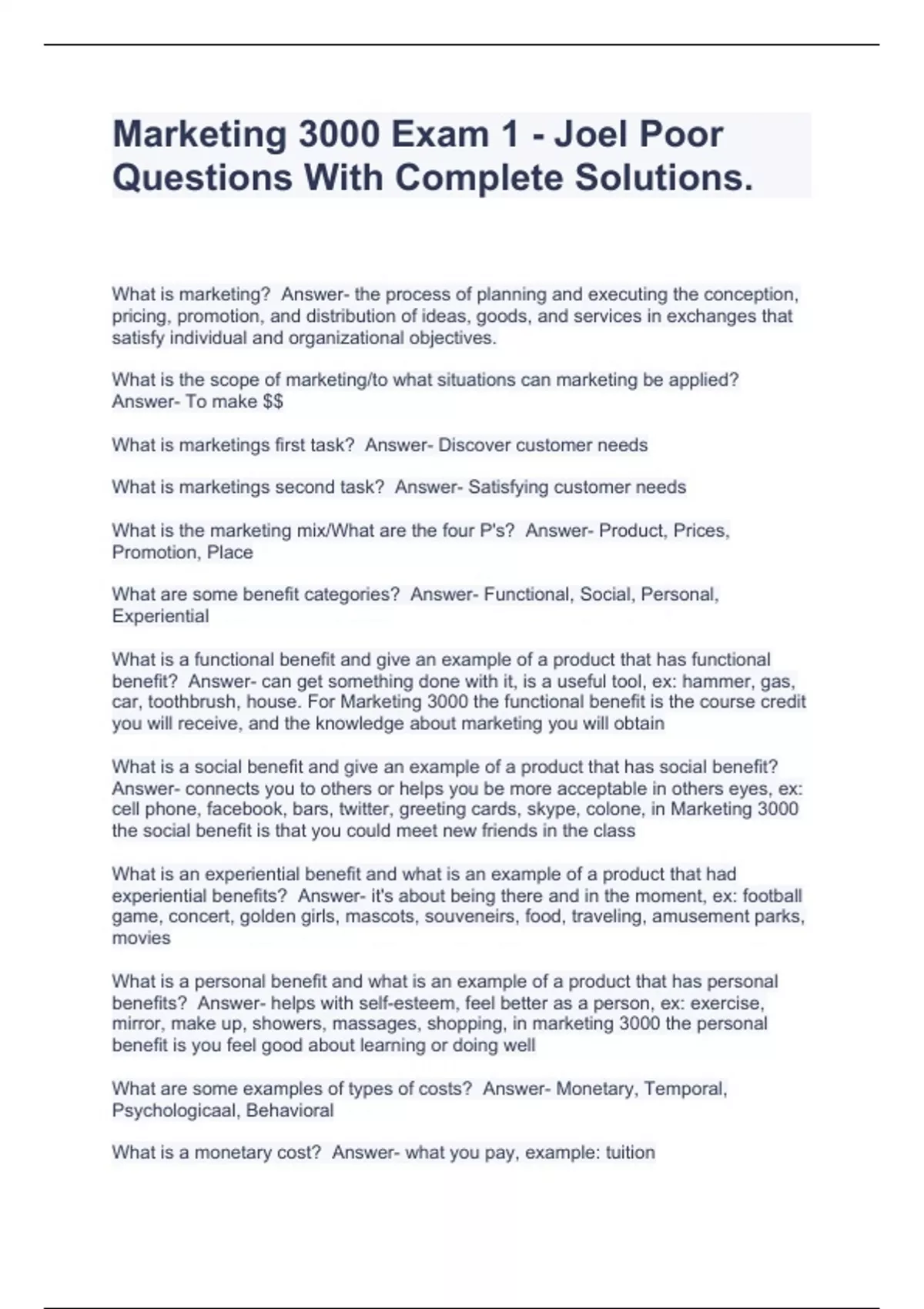 Marketing 3000 Exam 1 - Joel Poor Questions With Complete Solutions ...