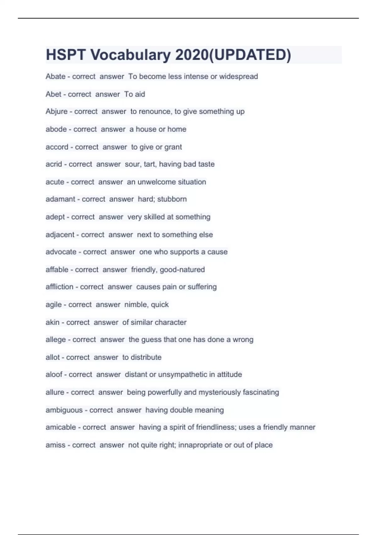 HSPT Vocabulary 2020(UPDATED) Question and answers 100% correct - HSPT ...