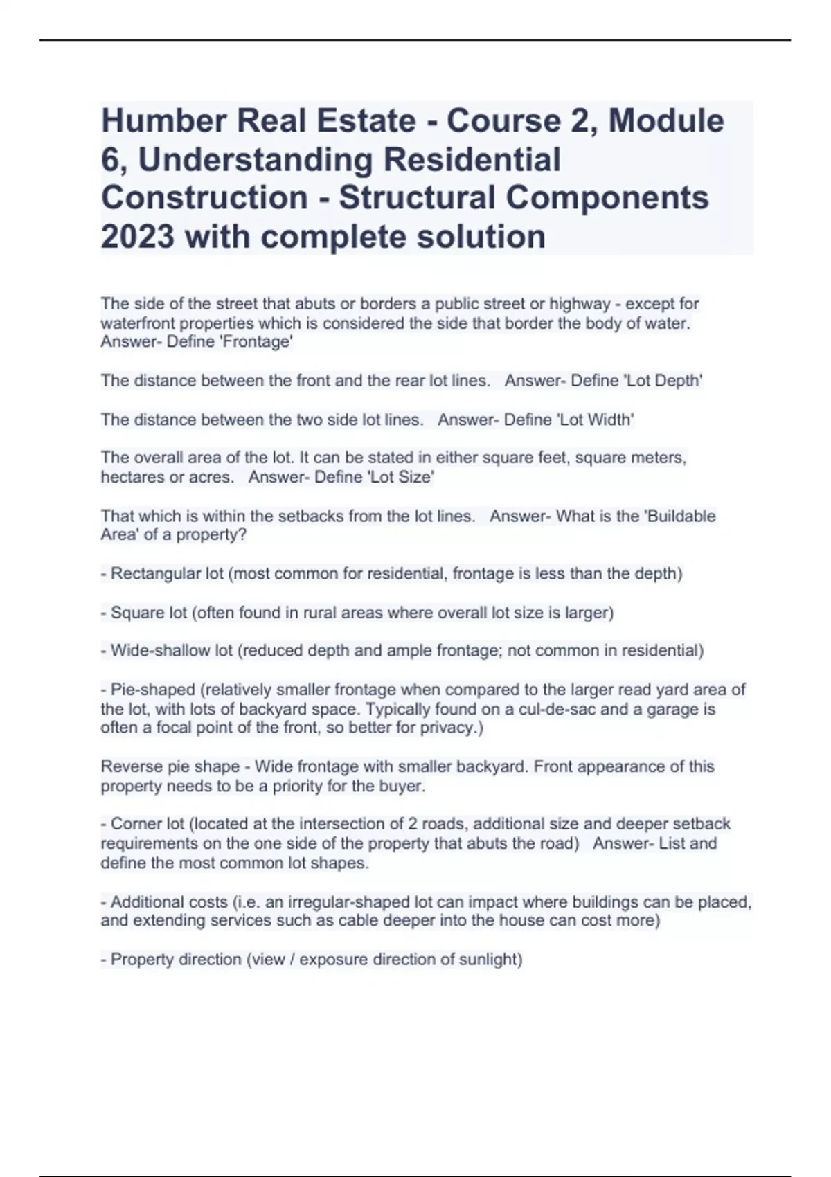 Humber Real Estate Course 2, Module 6, Understanding Residential