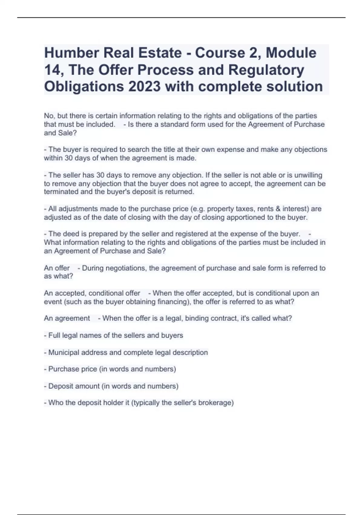 Humber Real Estate Course 2, Module 14, The Offer Process and