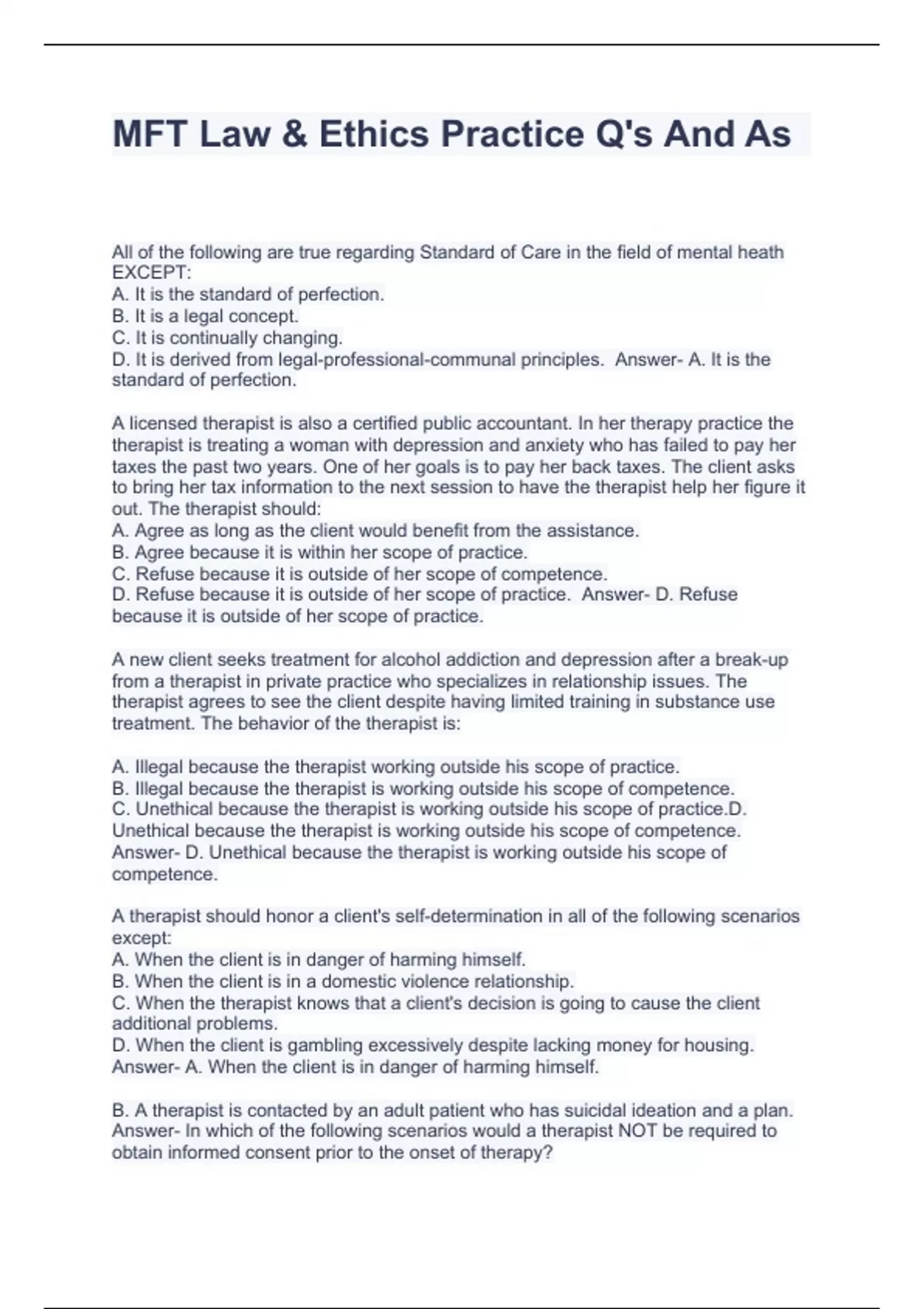 MFT Law & Ethics Practice Q's And As MFT Law & Ethics Stuvia US