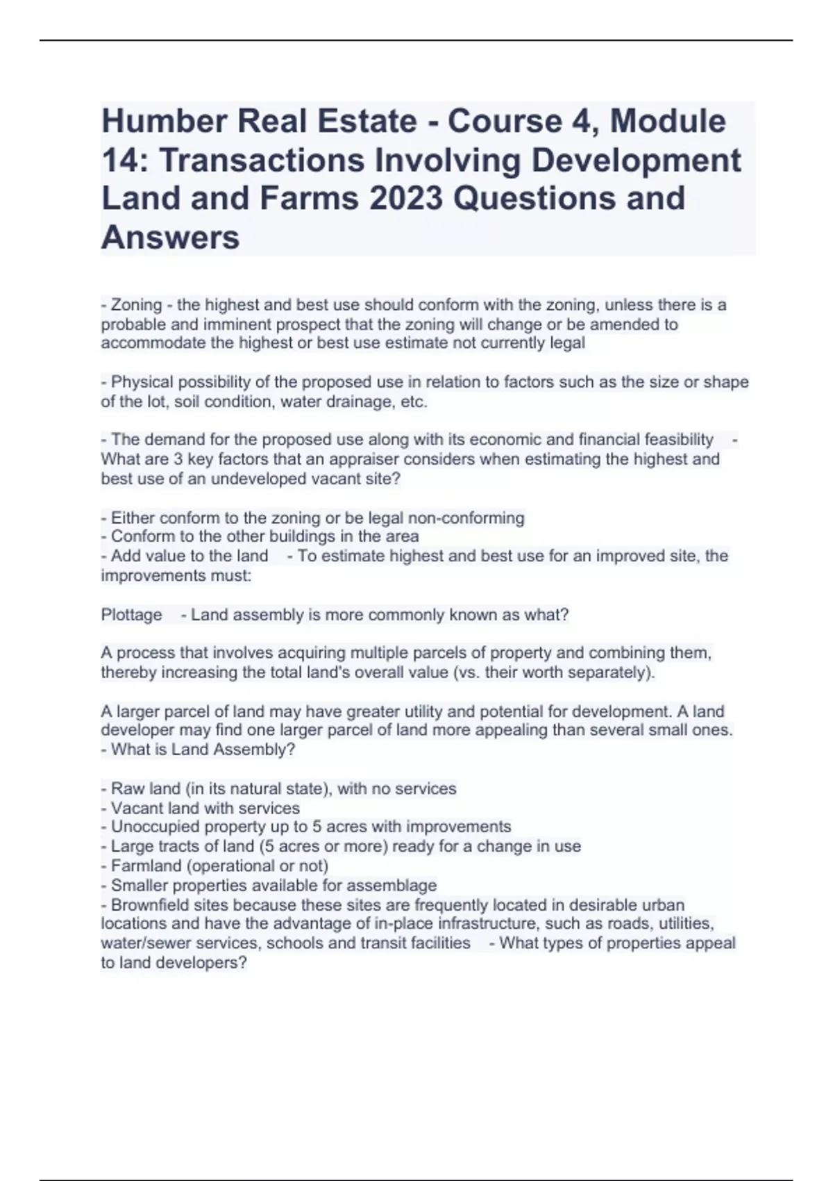 Humber Real Estate Course 4, Module 14 Transactions Involving