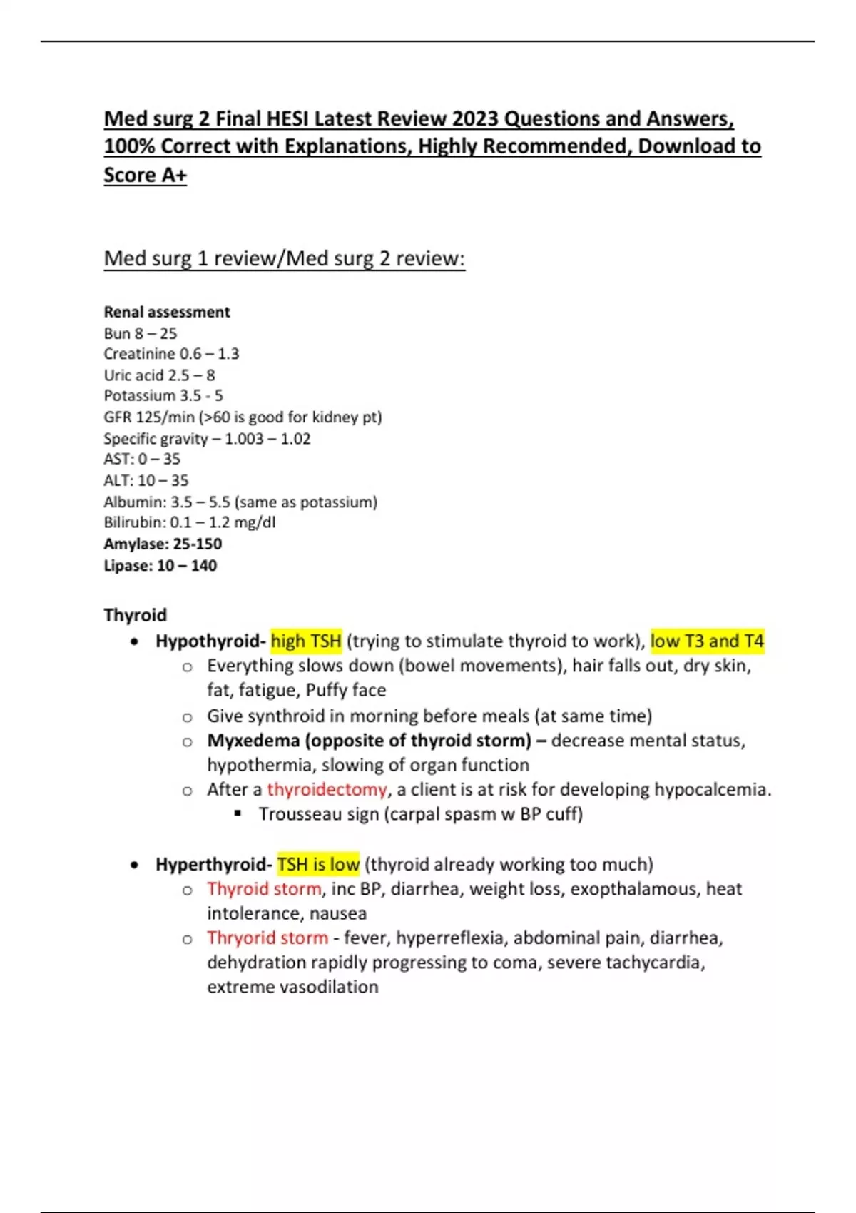 Med surg 2 Final HESI Latest Review 2023 Questions and Answers, 100 ...