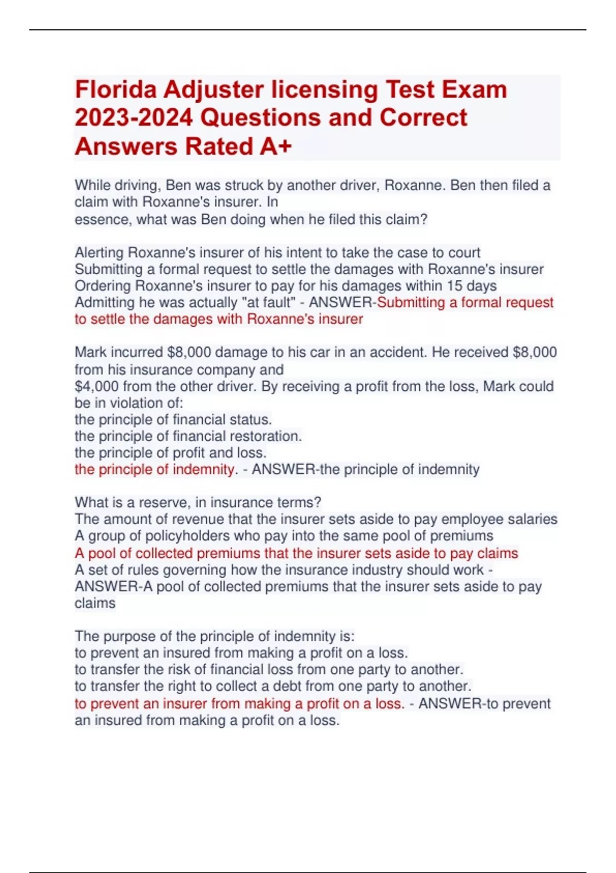 Florida Adjuster licensing Test Exam Questions and Correct Answers