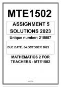 MTE1502 Assignment 5 SOLUTIONS 2023 UNISA  MATHEMATICS 2 FOR TEACHERS 