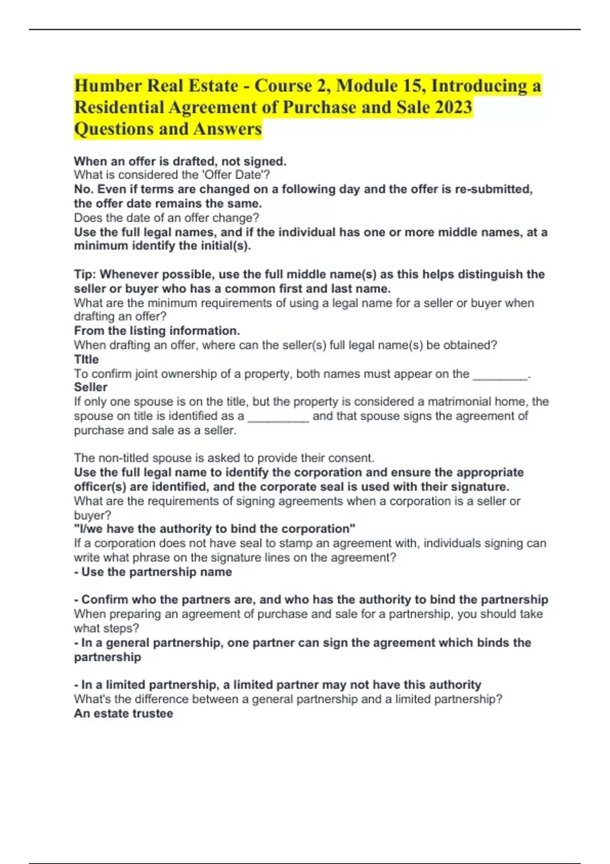 Humber Real Estate Course 2, Module 15, Introducing a Residential