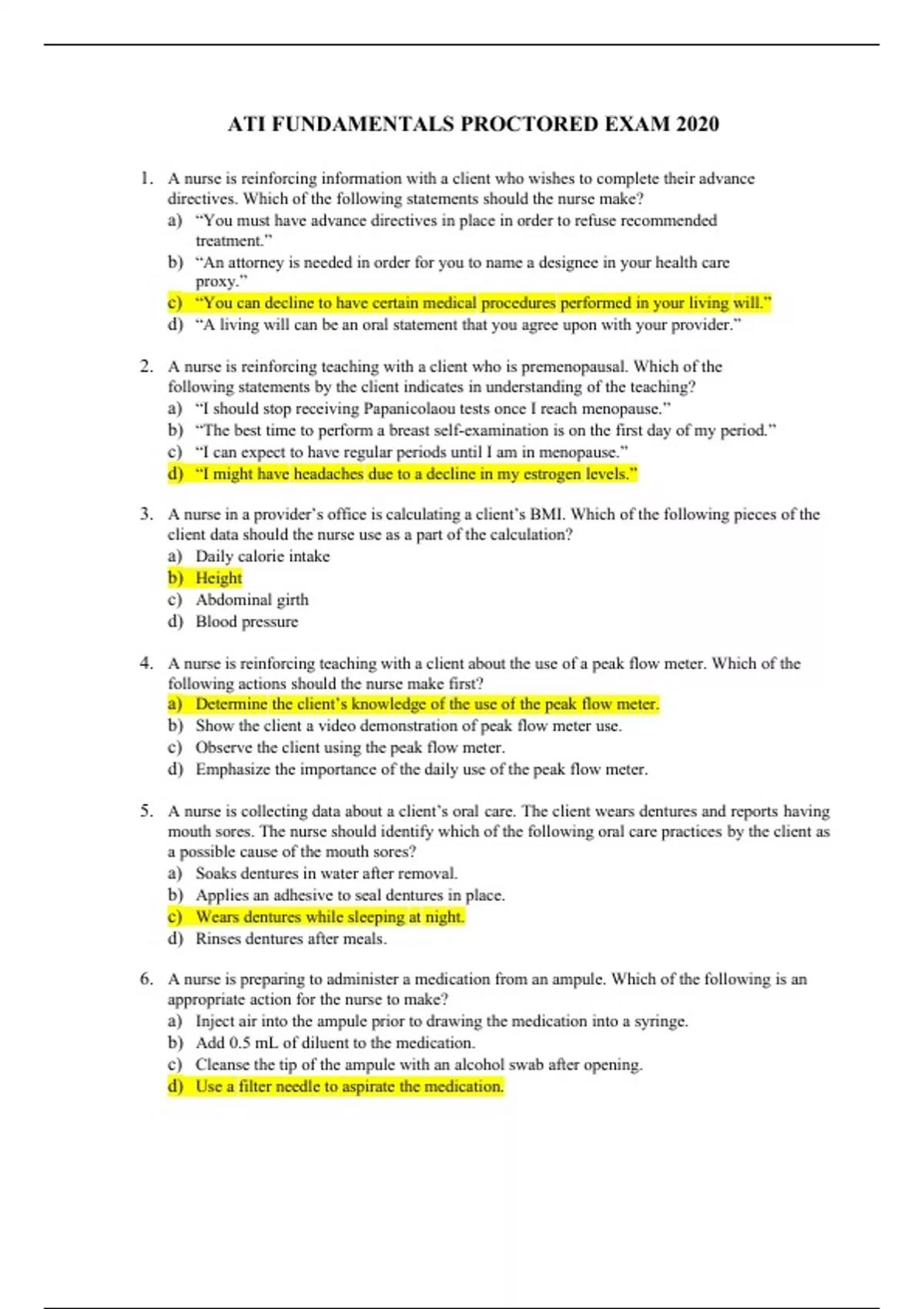 ATI Fundamental Proctored Exam 2020 (Verified and Correct Questions ...