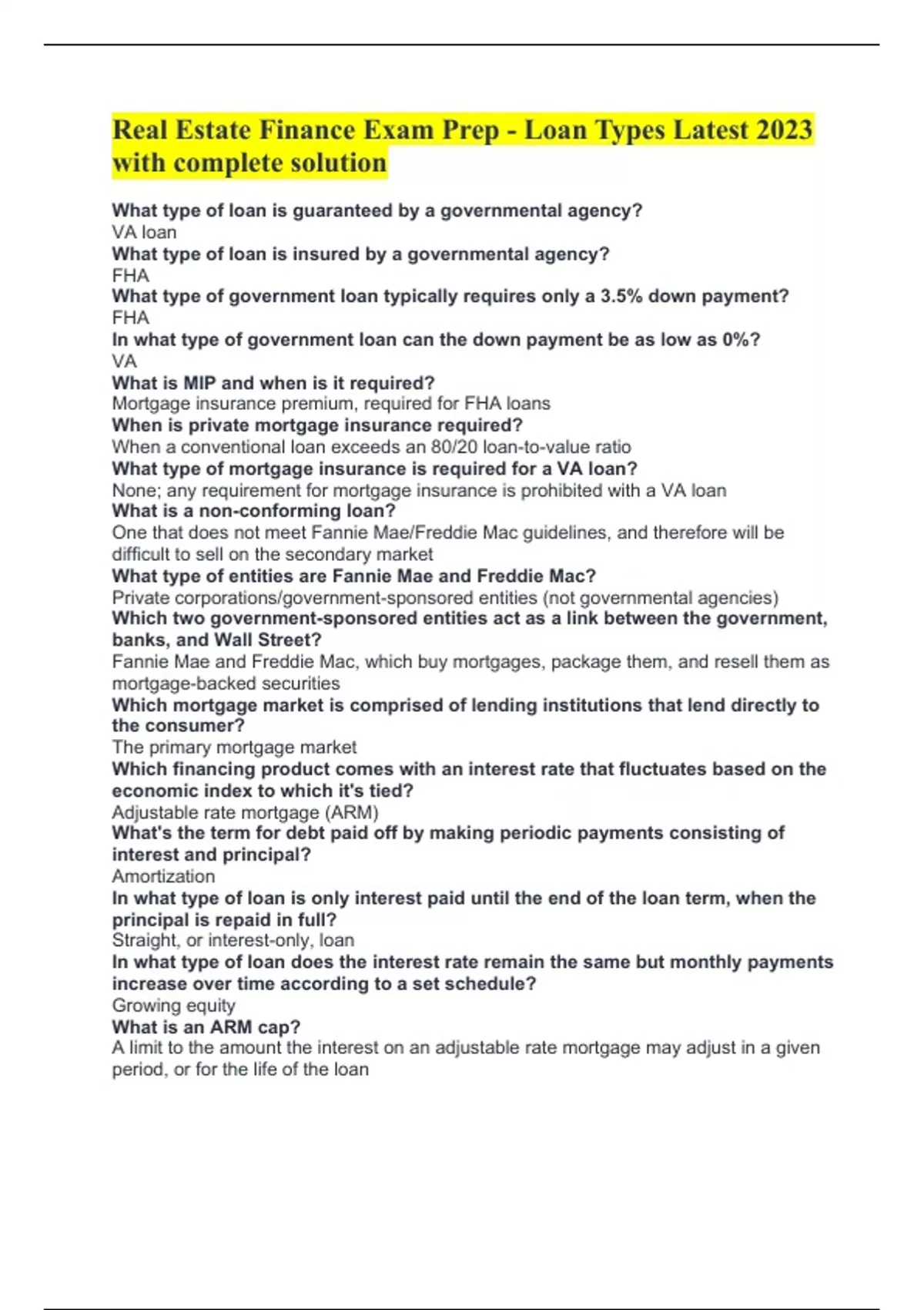 Real Estate Finance Exam Prep Loan Types Latest 2023 with complete