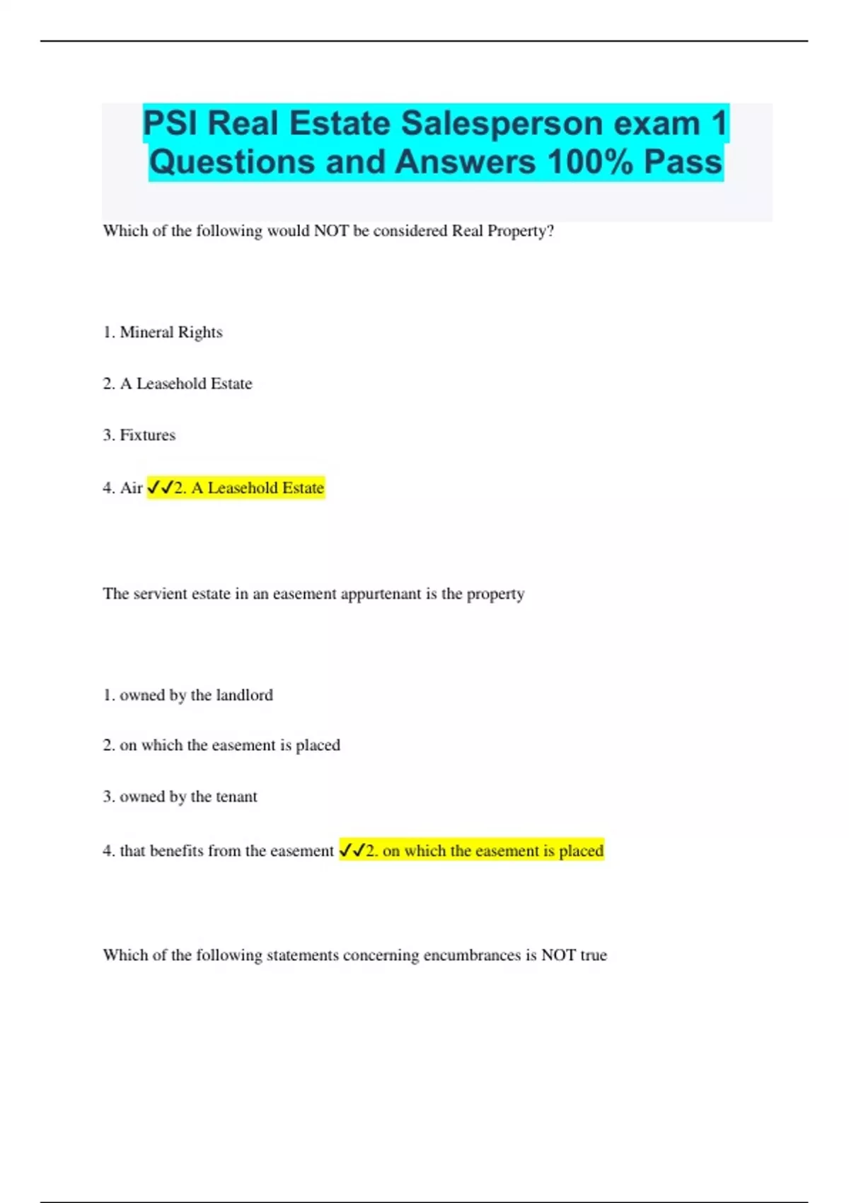 PSI Real Estate Salesperson exam 1 Questions and Answers 100 Pass