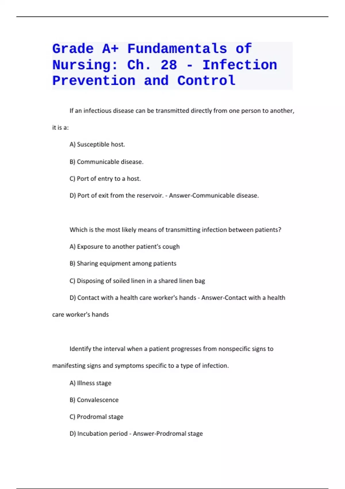 Grade A+ Fundamentals of Nursing: Ch. 28 - Infection Prevention and ...