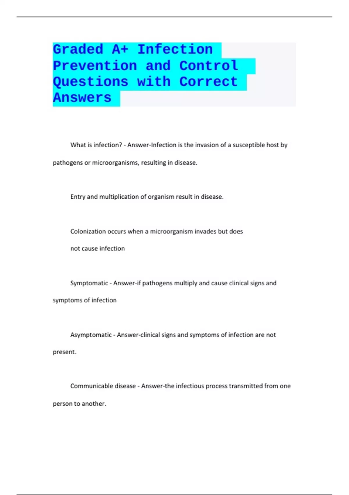 Graded A+ Infection Prevention and Control Questions with Correct