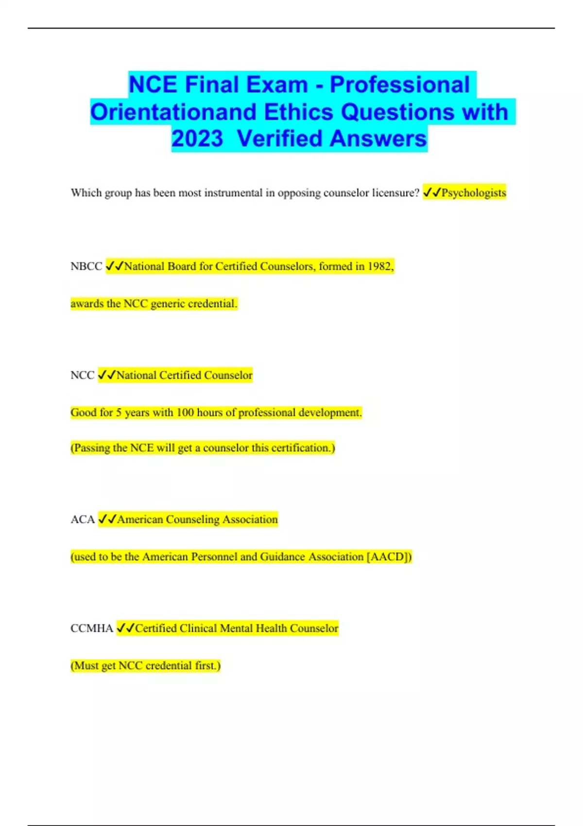 NCE Final Exam Professional Orientation and Ethics Questions with