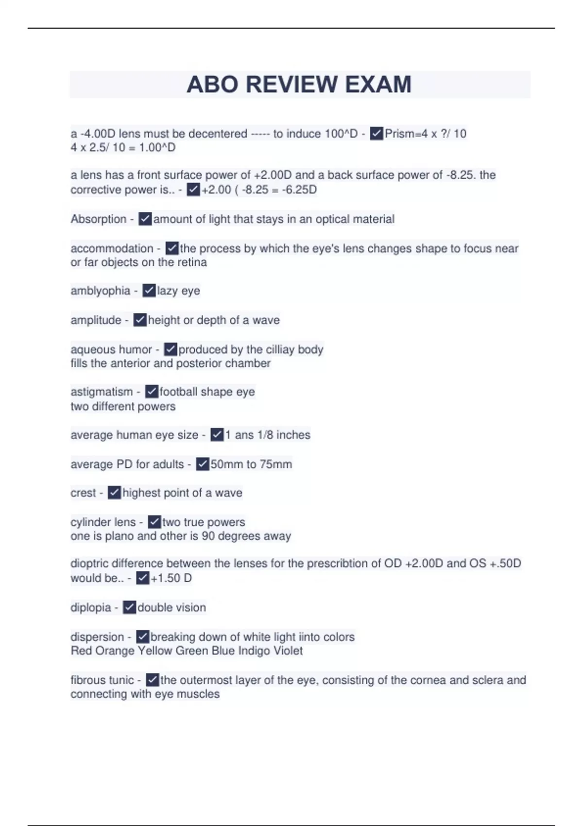 ABO REVIEW EXAM (LATEST 2023/2024) 100 CORRECT ABO Stuvia US