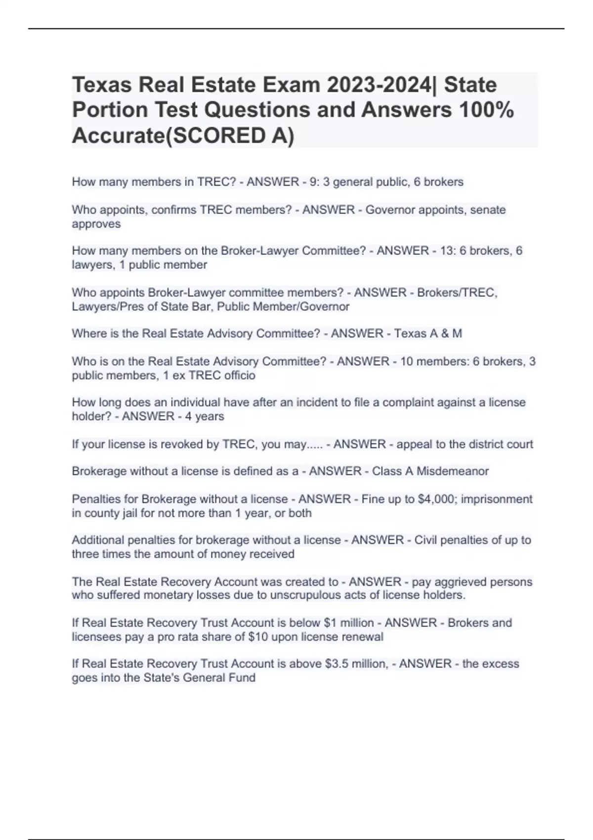 Texas Real Estate Exam State Portion Test Questions and Answers 100