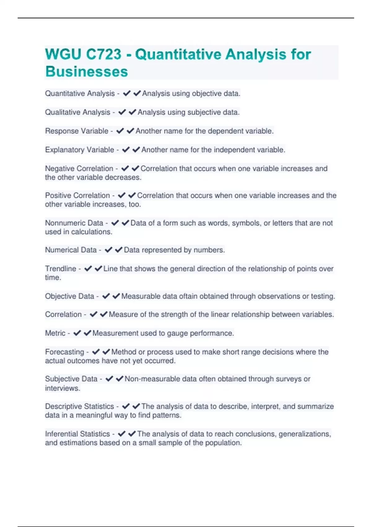 WGU C723 - Quantitative Analysis for Businesses Questions With Complete ...