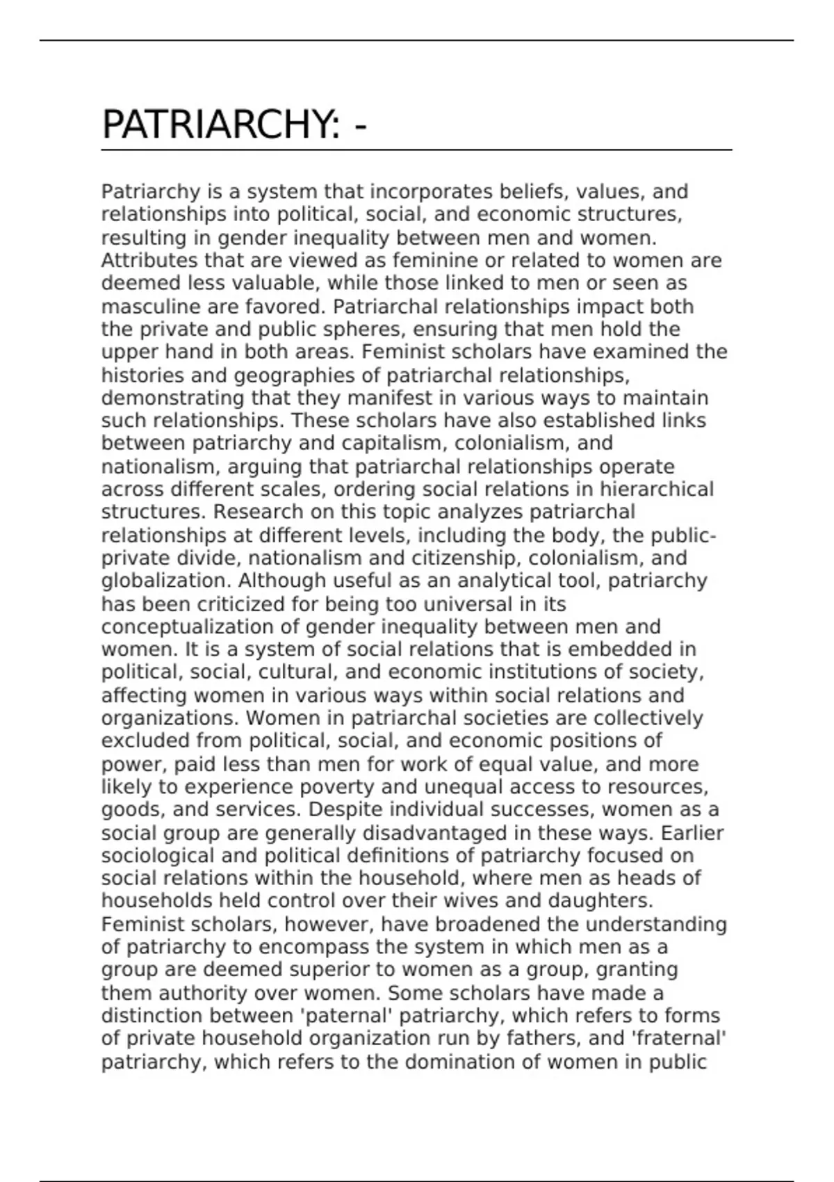 Summary The Patriarchy and its effects - English - Stuvia US