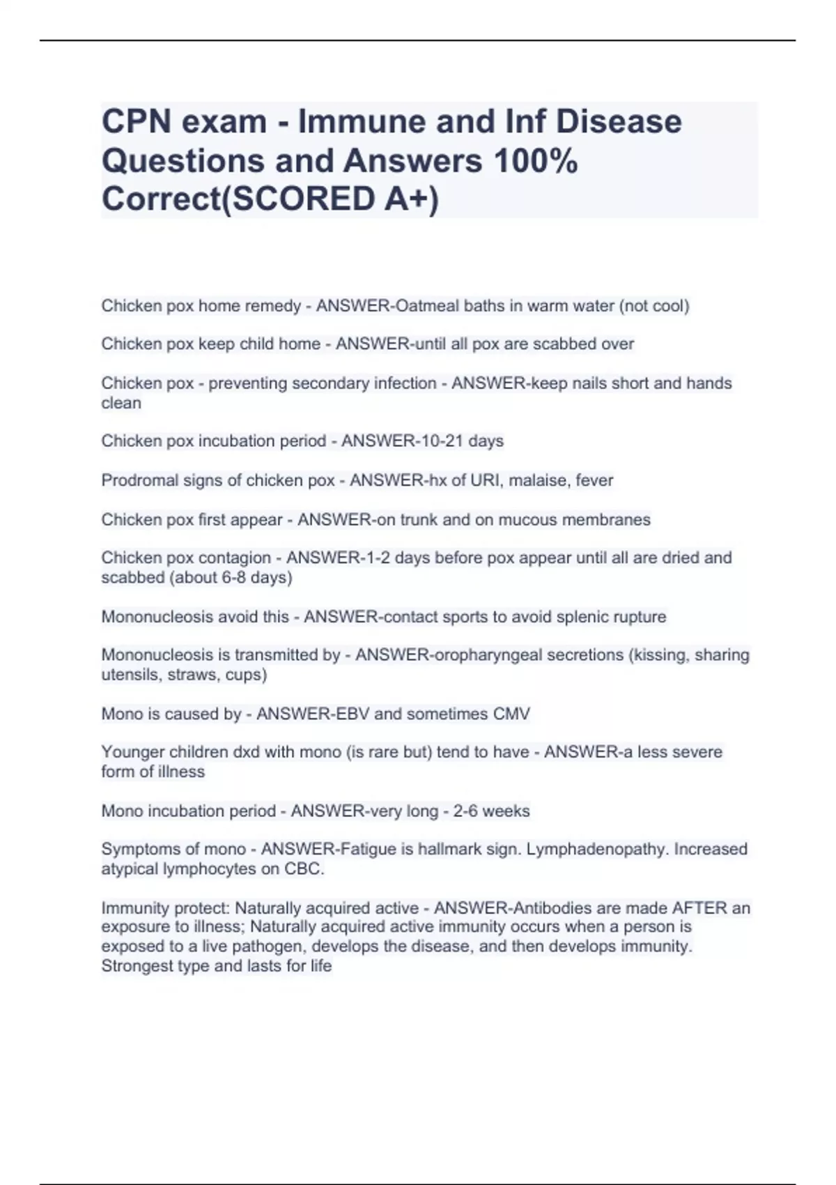 CPN exam - Immune and Inf Disease Questions and Answers 100% Correct ...