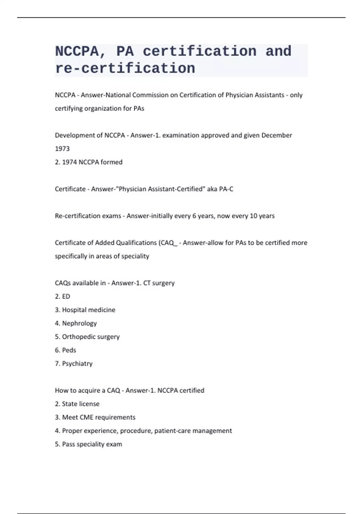 NCCPA, PA certification and re-certification Exam with Correct Answers ...