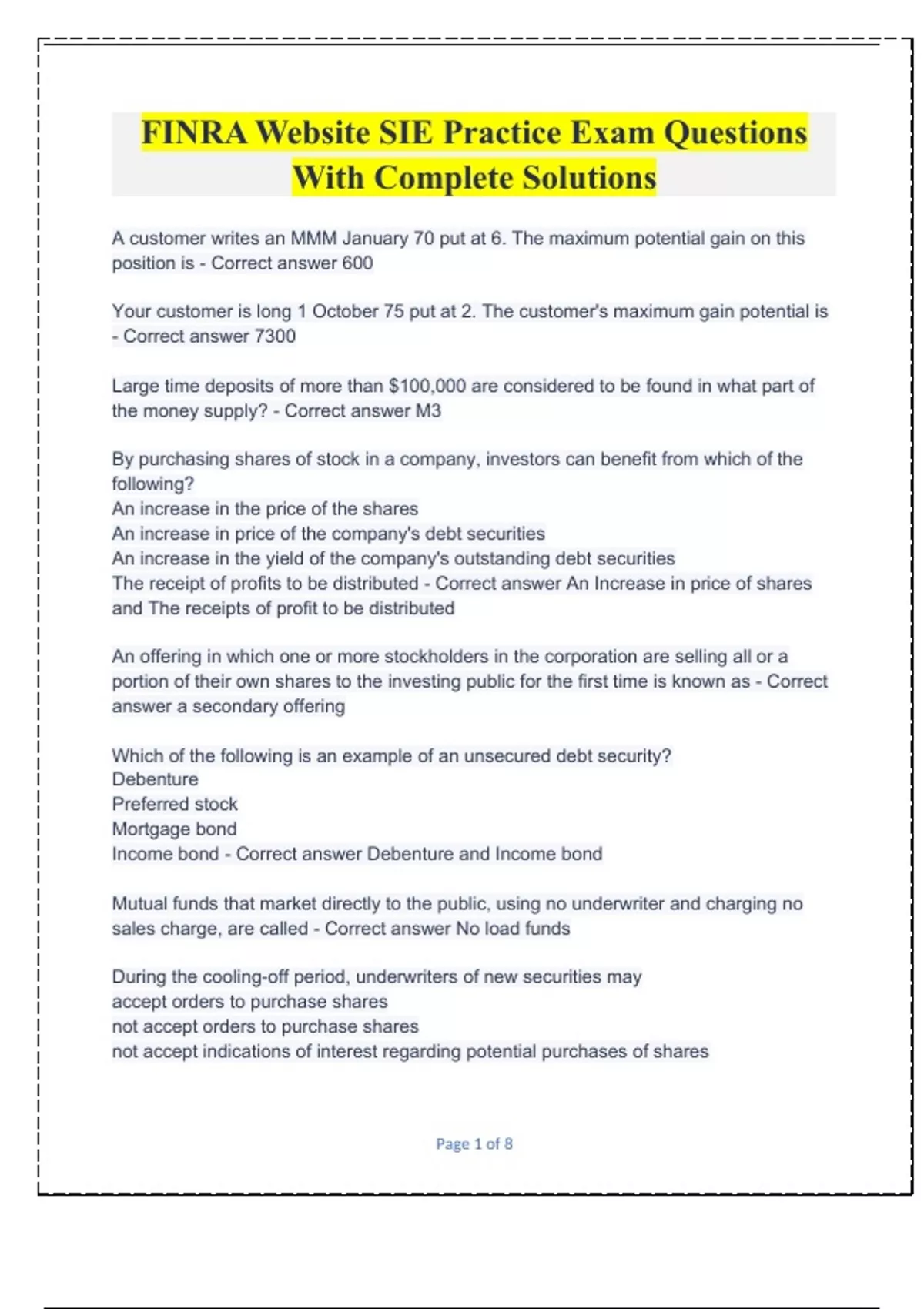 FINRA site SIE Practice Exam Questions With Complete Solutions