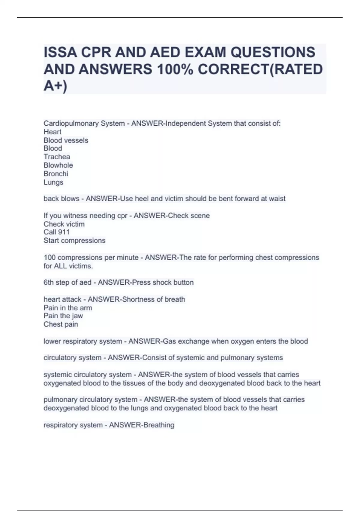ISSA CPR AND AED EXAM QUESTIONS AND ANSWERS 100 CORRECT(RATED A+) ISSA CPR AND AED Stuvia US