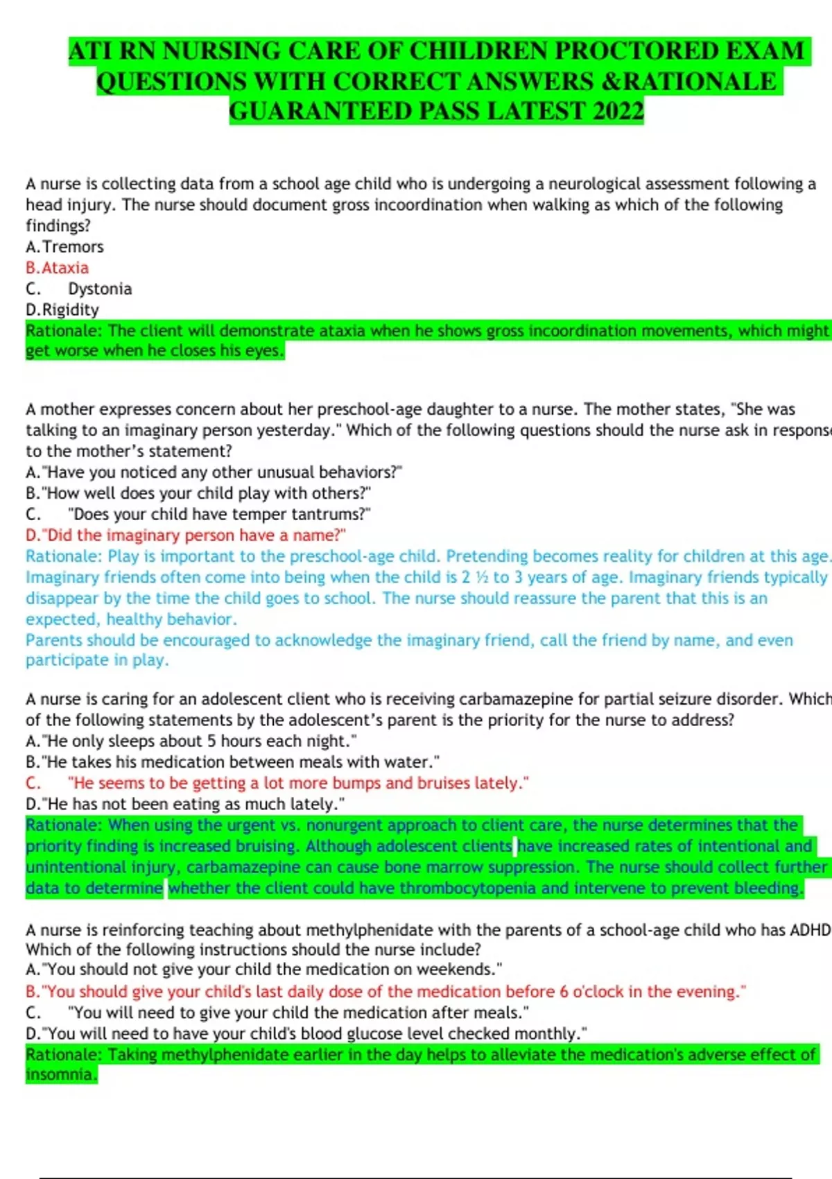 ATI RN NURSING CARE OF CHILDREN PROCTORED EXAM QUESTIONS WITH CORRECT ...
