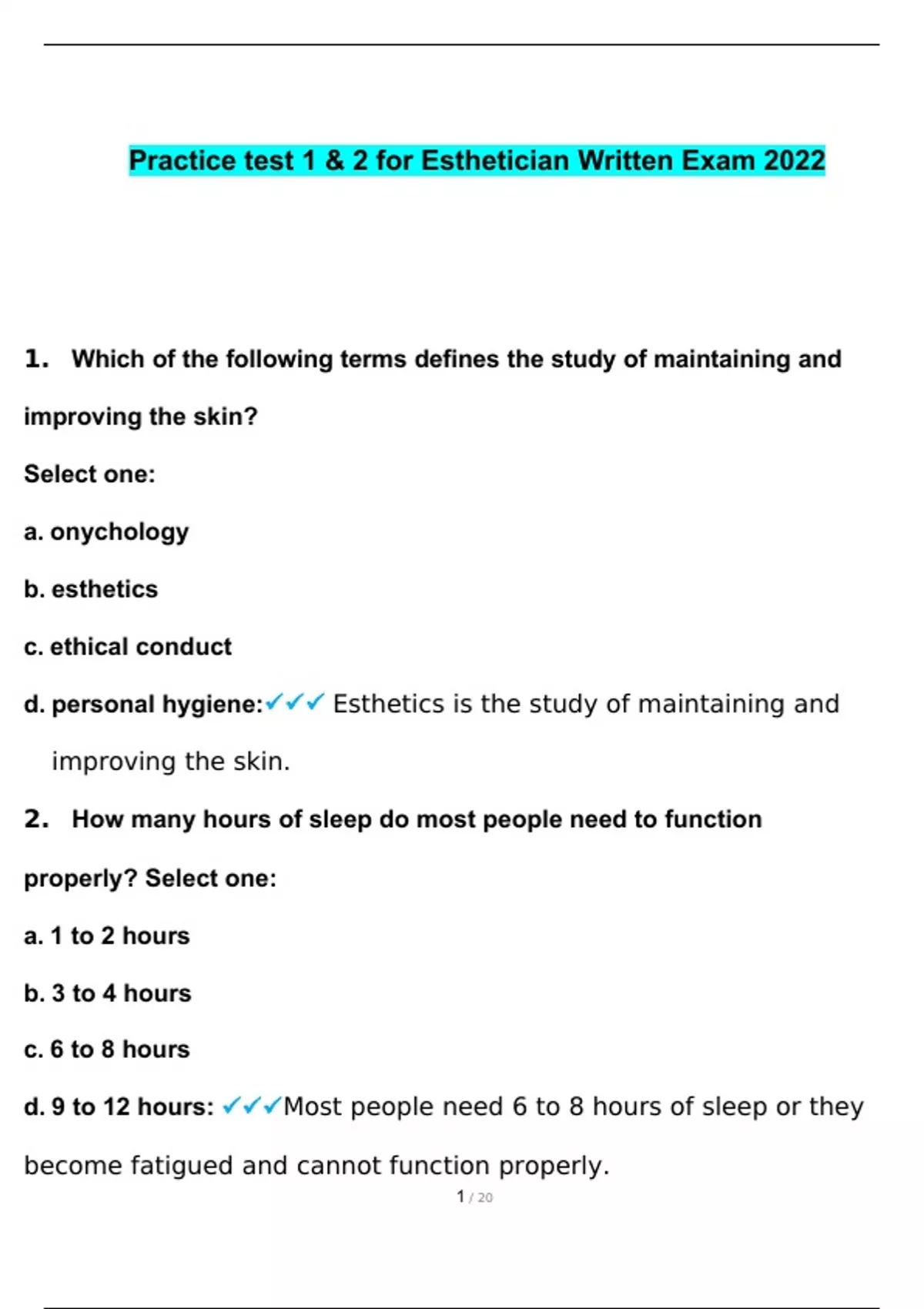 Practice test 1 &amp; 2 for Esthetician Written Exam 2023 verified ...