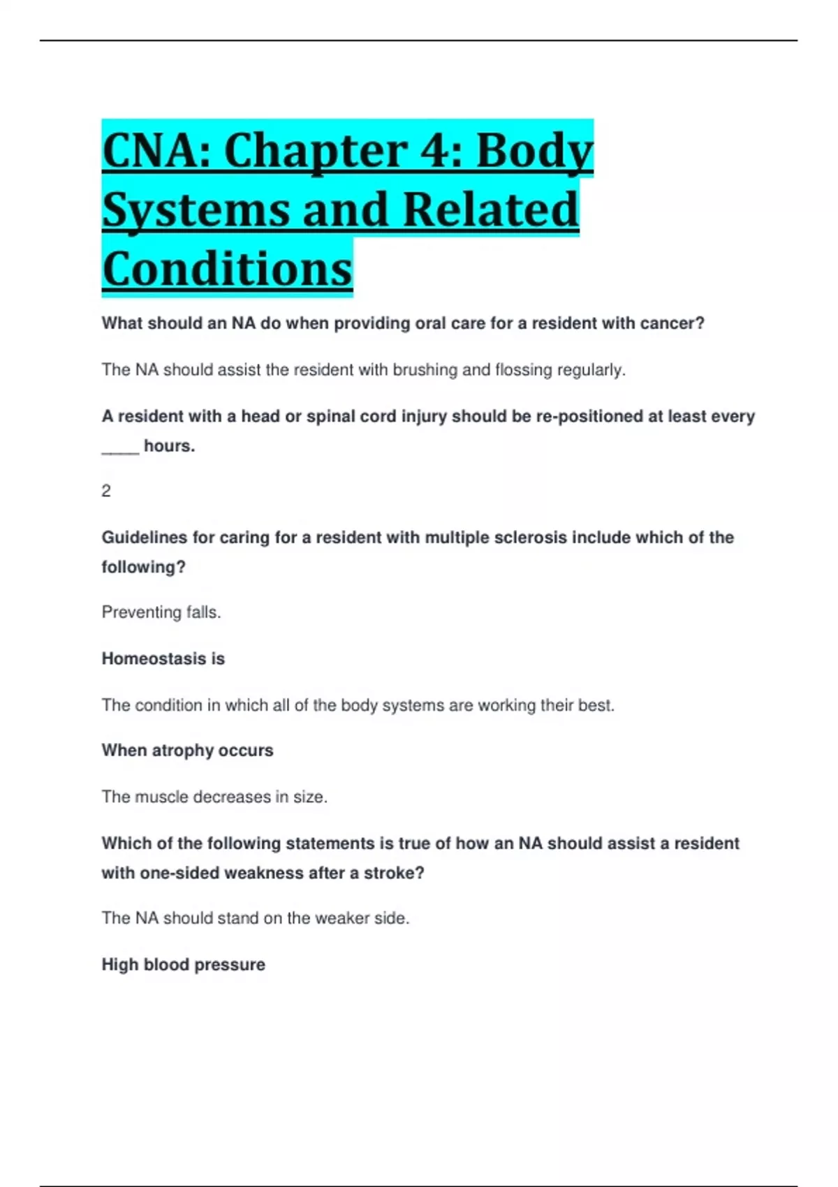 CNA Chapter 4 Body Systems and Related Conditions 100 VERIFIED