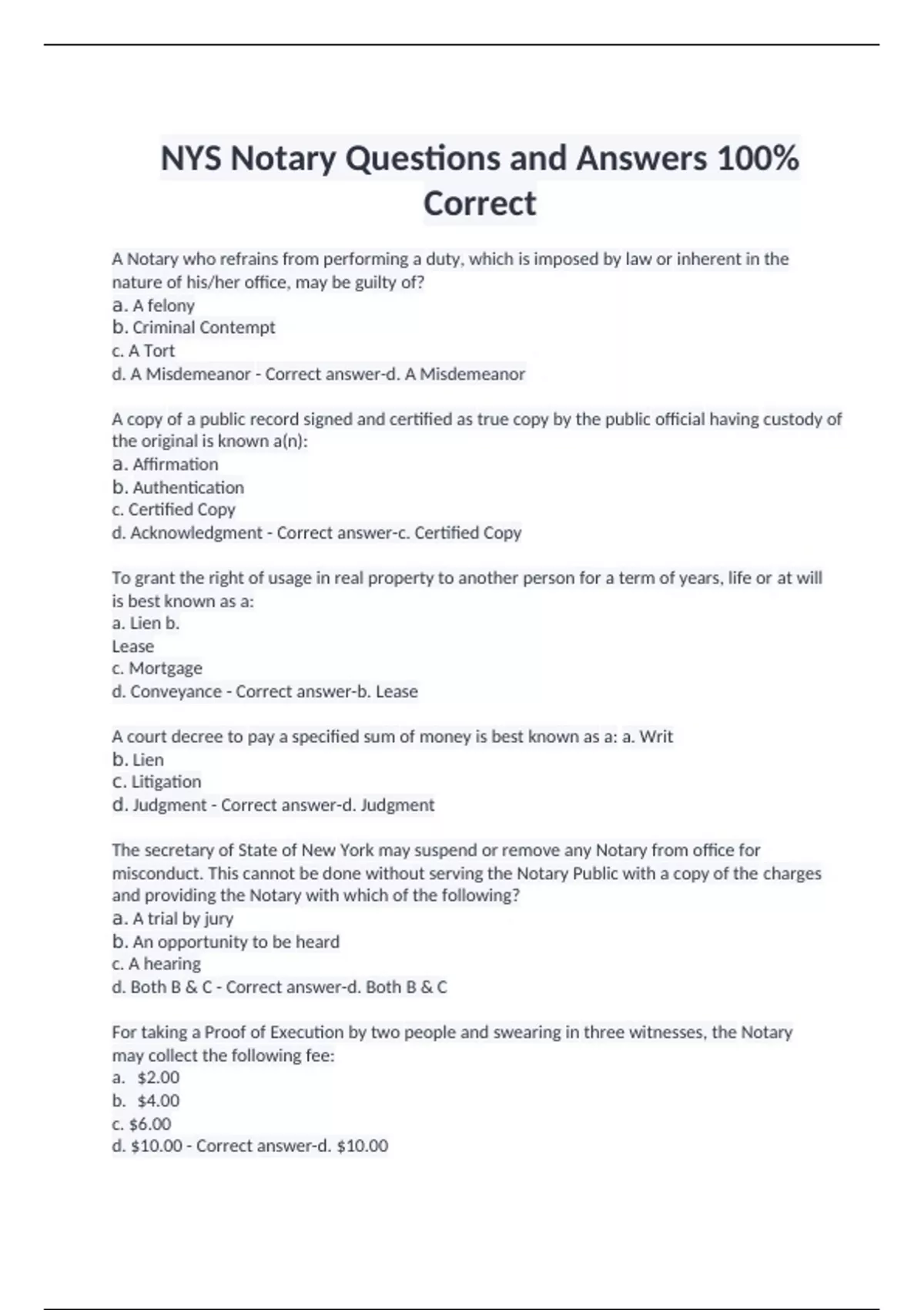 NYS Notary Questions And Answers 100 Correct Nys Notary Stuvia US Nys notary questions and answers 100 correct nys notary stuvia us