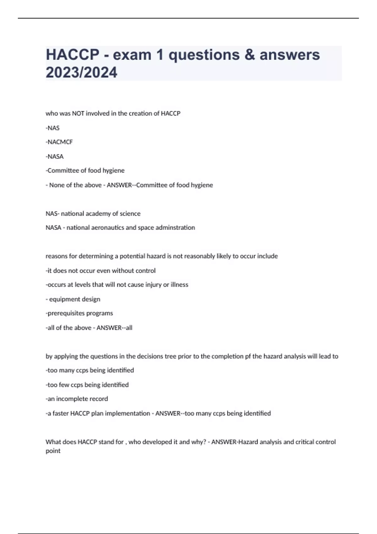HACCP exam 1 questions & answers 2023/2024 HACCP Stuvia US