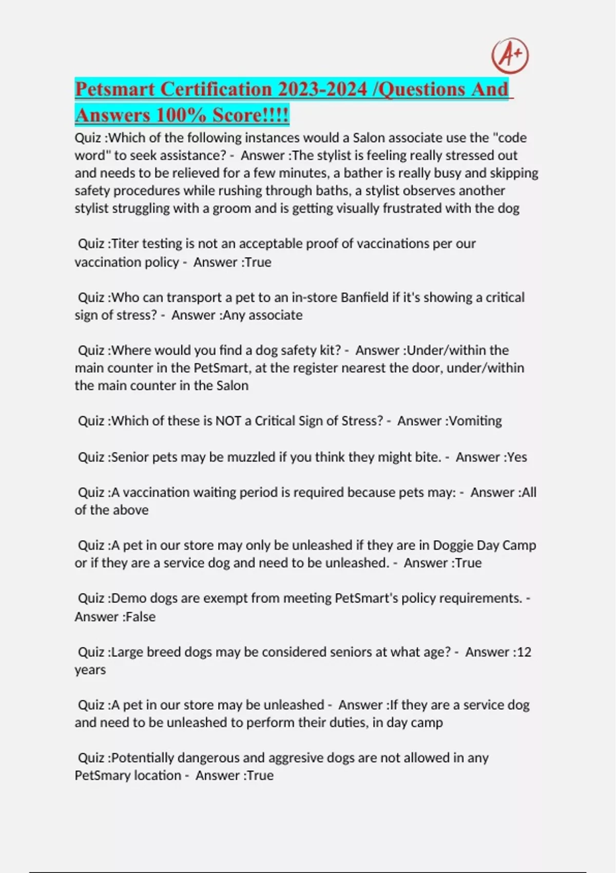 Petsmart Certification /Questions And Answers 100 Score!!!! Petsmart Certification 20232024