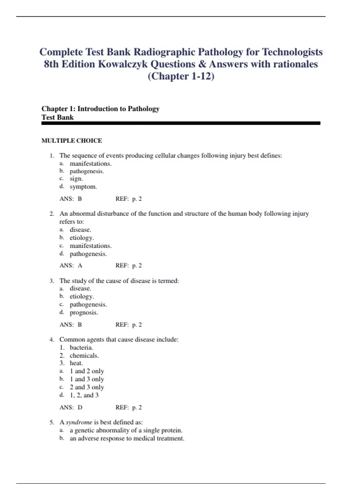 Complete Test Bank Radiographic Pathology for Technologists 8th Edition Kowalczyk Questions