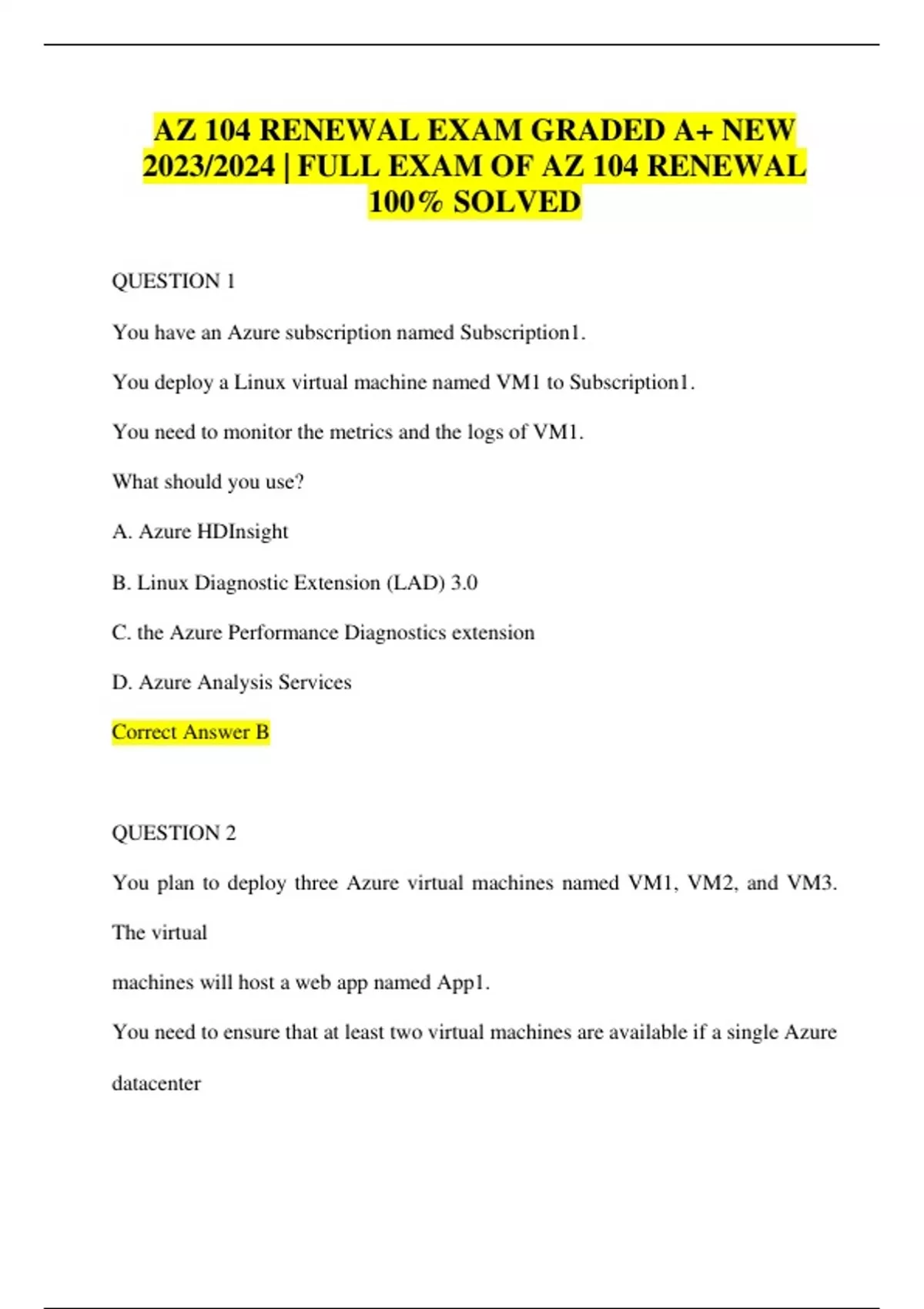 AZ 104 RENEWAL EXAM GRADED A+ NEW 2023/2024 | FULL EXAM OF AZ 104 ...