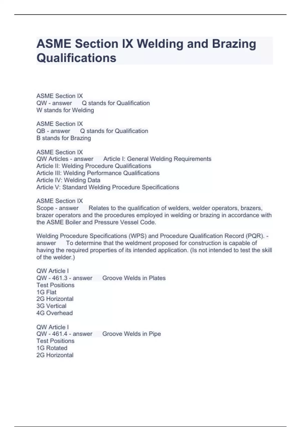 ASME Section IX Welding and Brazing Qualifications Questions and Answers 2023 ASME Stuvia US